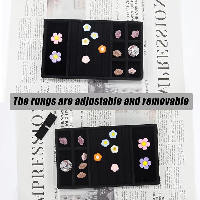 Velvet Jewelry Organizer Trays Black Stackable Jewelry Storage Display Tray with Removable Dividers, 3-in-1