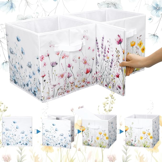 Geelin 6 Pcs WildFlower Cube Storage Bins 11 Inch White Storage Basket with Handle, Preppy Girls Organizer Basket, Collapsible Fabric Box for Classroom Bedrooms