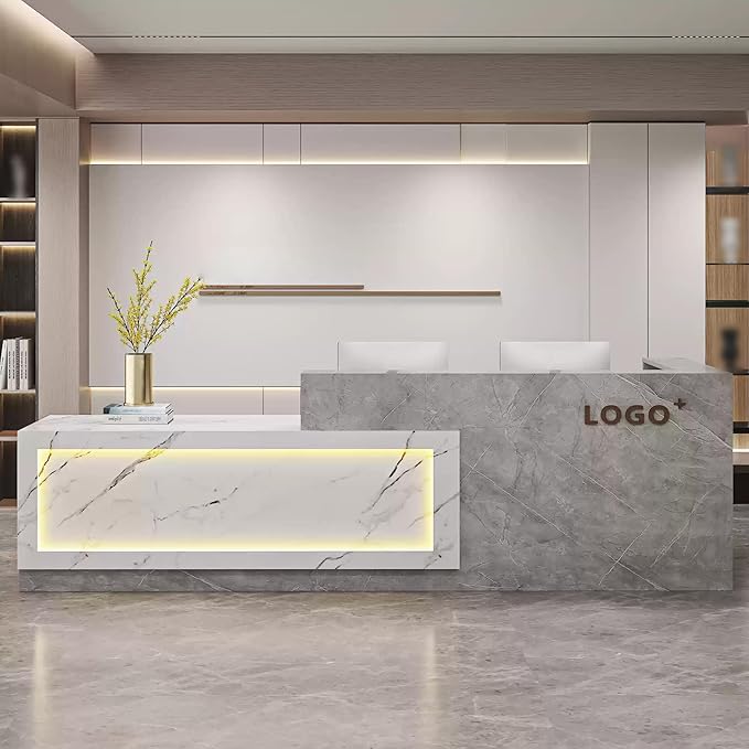Modern Reception Desk with Counter, Front Desk Reception Counter with Lockable Drawer, Keyboard Tray & Storage Cabinet, Solid Wood Receptionist Table for Salon Office Lobby (E - Left, L 2.8m/110in)
