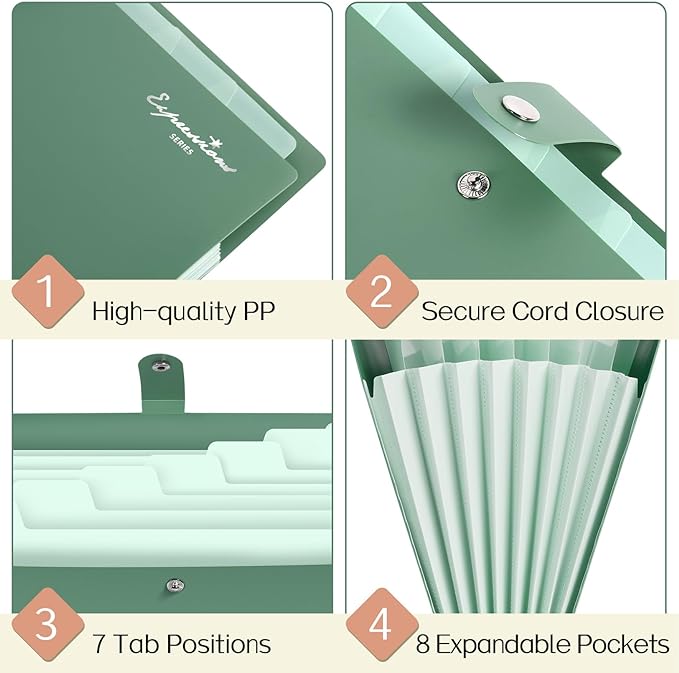 Sooez Elegant Accordion File Organizer with Labels, 8 Pocket Expanding File Folder, Portable Folders for Documents, Cute Paper Organizer for School Office Supplies, Letter Size, Pink