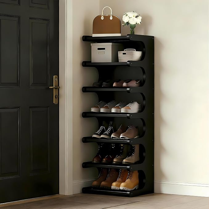 7-Tier Bamboo Shoe Rack, Vertical Narrow Shoe Rack for Small Space, Free Standing Shoe Rack for Entryway, Vertical Shoe Organizer Tower for Narrow Closet, Hallway