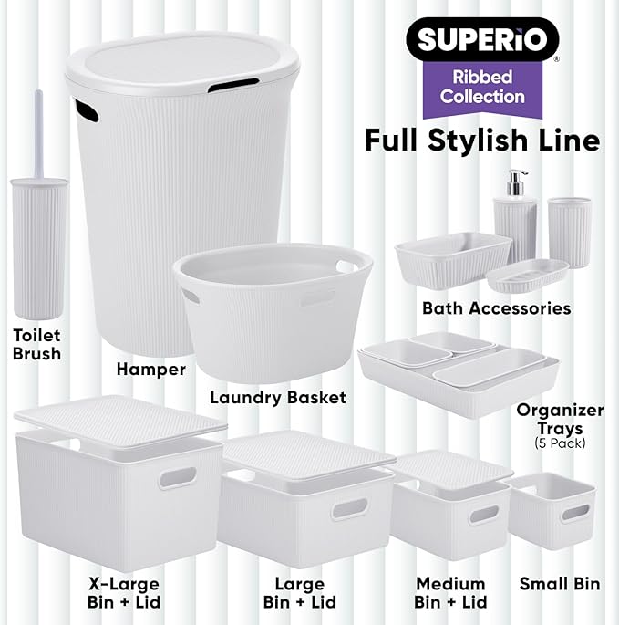 Superio Ribbed Collection - Decorative Plastic Basket Open Home Storage Bins Organizer, Medium White Smoke (1 Pack) Container Boxes for Organizing Closet Storage Bins for Shelves Drawer Shelf 5 Liter