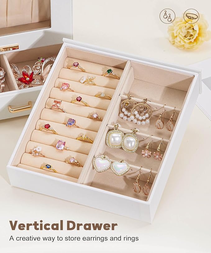 Homde Display Jewelry Box for Girls: Starter Organizer with Clear Window | Vertical Drawers for Earrings Rings Necklaces - Compact Footprint Fits Small Vanities - Birthday&Graduation Gift for Teens