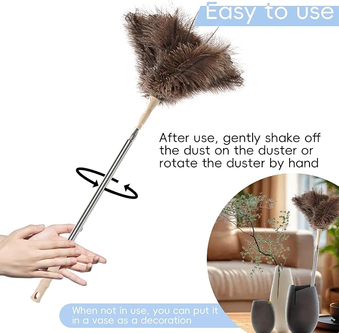 THARAHT Extendable Ostrich Feather Duster up to 27-94 inches Fluffy Feathers Long Handle Reusable for Cleaning Ceiling Fan Pendant lamp High Ceiling Blinds Furniture Feather Duster