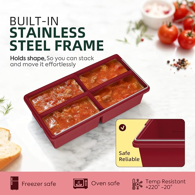 Silicone Freezer Trays with Lids -1 cup soup freezer container large ice cube molds with Reinforced Steel Ring Top, Perfect for Freezing Broth, Rice, Individual Portions, Meal Prepping and More 2-Pack