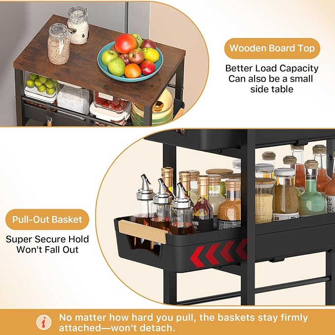 SUNALLY Slim Storage Cart with Pull-Out Baskets, 5-Tier Rolling Kitchen Cart with Wooden Top & Lockable Wheels, Narrow Space Utility Cart Organizer for Kitchen, Bathroom, Laundry Room, Black