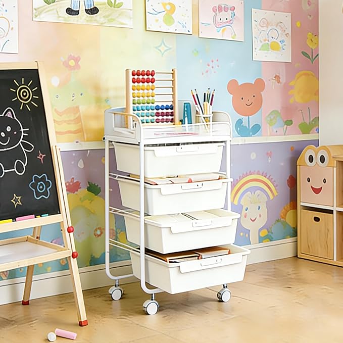 SYKIARIOL 4-Drawer Rolling Storage Cart with Mesh Top, Utility Craft Organizer Cart on Wheels with DIY Labels, Rolling Drawer Cart for Home Office Classroom Bedroom, White
