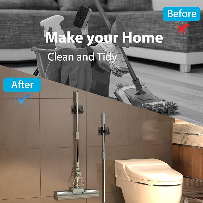 homeasy Mop Broom Holder No Drill, Mop Broom Organizer Wall Mounted Heavy Duty with Hooks Hanger, Self Adhesive Stainless Steel 4Pcs for Bathroom, Kitchen, Office (Black)