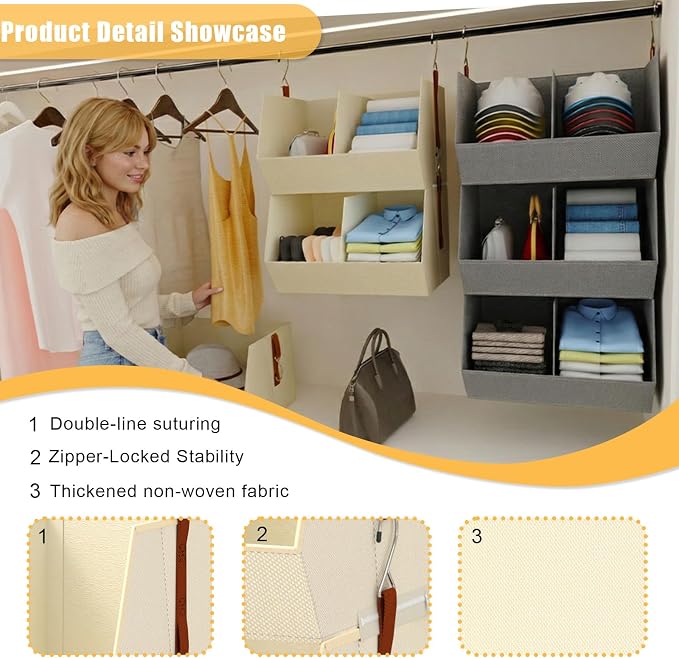 3-Tier Hanging Closet Organizer, Extra Large Fabric Closet Shelves with Zipper, Foldable Closet Storage Organizer for Clothes, Handbags, Socks, Underwear, Dorm Room and RV, Beige - 2 Pack