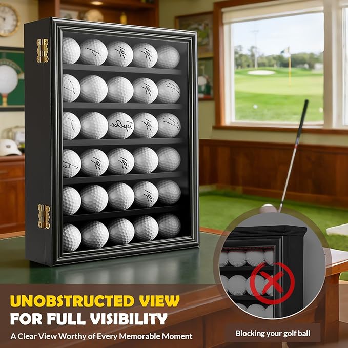 JupDec Golf Ball Display Case Frame for 30 Balls, Dustproof Solid Wood Holder Box with Unobstructed Clear View, Velvet Lined Cabinet with Removable Shelves, Ideal Gift for Golf Fans