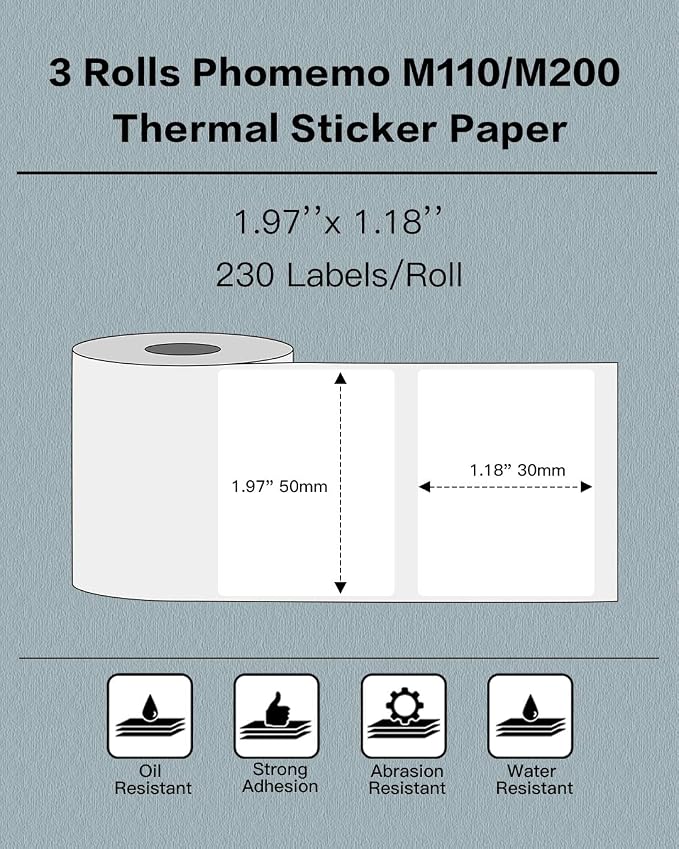 Phomemo Labels- 3 Rolls M110/M220/M221/M120/M200 Thermal Paper 1.97"x1.18"(50x30mm)- M110 Label Multipurpose Square Self-Adhesive Paper for Product Tag, Barcode, Address Label,Total of 690 PCS