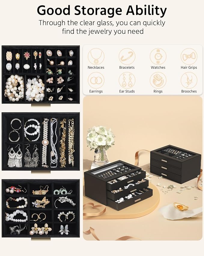AKOZLIN Jewelry Box with Clear Lid Functional Leather Jewelry Storage Organizer Case 3 Drawers for Women Girls Necklace Ring Bracelet Earring