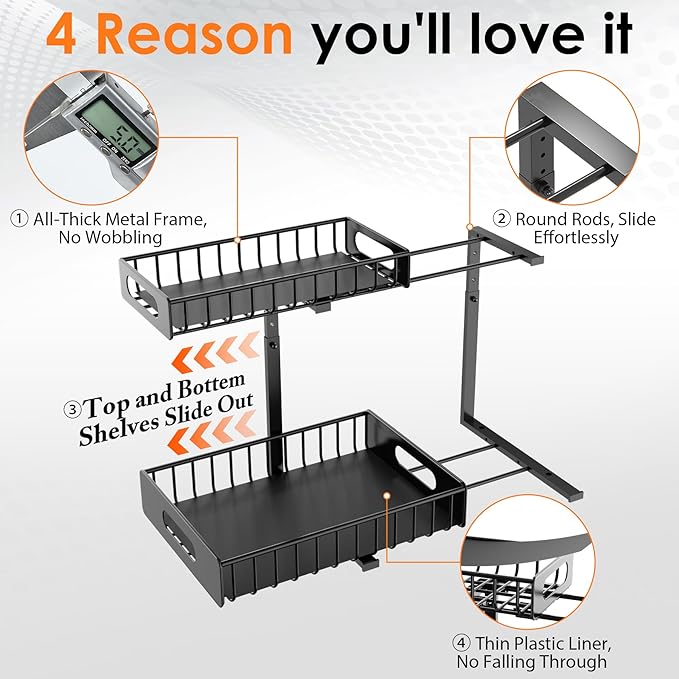 HBL' 1-Pack Large Metal Under Sink Organizer, 2-Tier Slide-Out Under the Kitchen Sink Organizer and Storage,Height Adjustable Under Sink Storage Shelves for Bathroom.