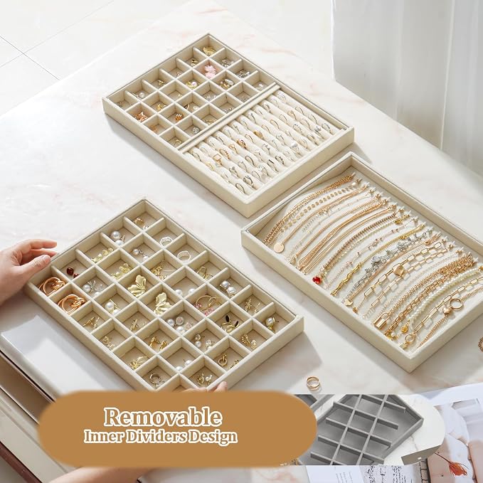 Large Jewelry Organizer for Drawer Insert Velvet Stackable Jewelry Trays for Earring Necklace Bracelet Ring Display (Beige, 35 Grids)