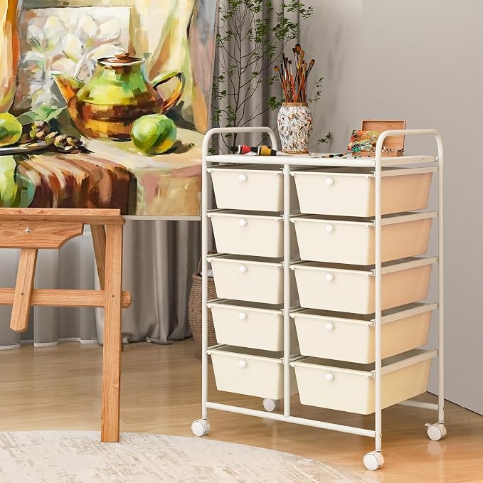 COSTWAY 10 Drawer Rolling Storage Cart, Utility Cart with Lockable Wheels | Mobile Art Supply Craft Organizer with Metal Frame, Multipurpose Drawer Cart for Paper for Office, School, White