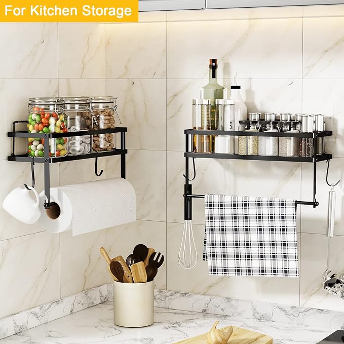 ESOW Paper Towel Holder Wall Mount with Shelf, Adhesive, Matte Black Metal | Stainless steel 2in1 holder shelf fits large rolls Strong adhesive holds 11 lbs For kitchen bathroom RV camper small spaces