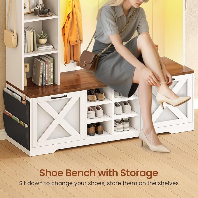 Itaar Hall Tree with Bench and Shoe Storage, 59.1" Farmhouse Entryway Bench with Coat Rack, Shoe Cabinet with Flip Drawers, 12 Shelves, 9 Coat Hooks, Storage Bag, Led Lights, White