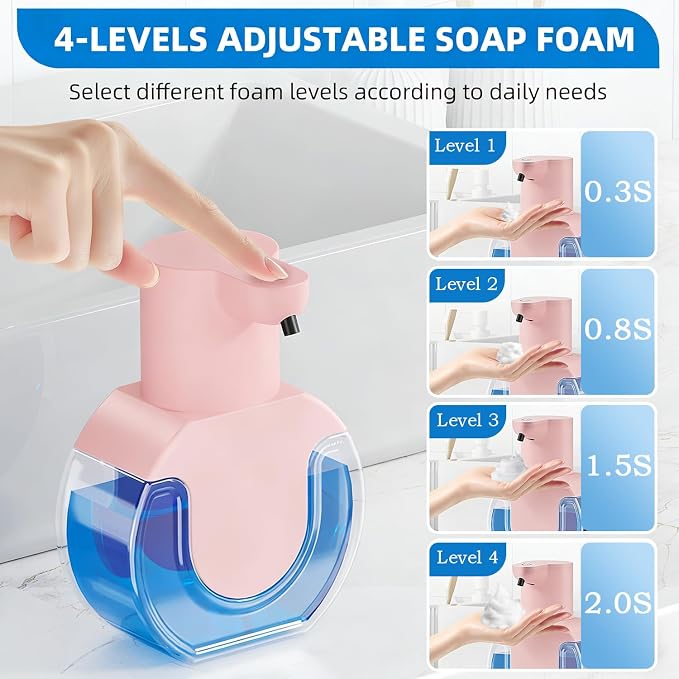 Automatic Soap Dispenser Touchless,Rechargeable Foaming Soap Dispenser,15oz/420ml Smart Hand Soap Dispensers,4-Level Adjustable,Wall Mount for Bathroom Kitchen Dish Soap,Hands-Free (Pink)