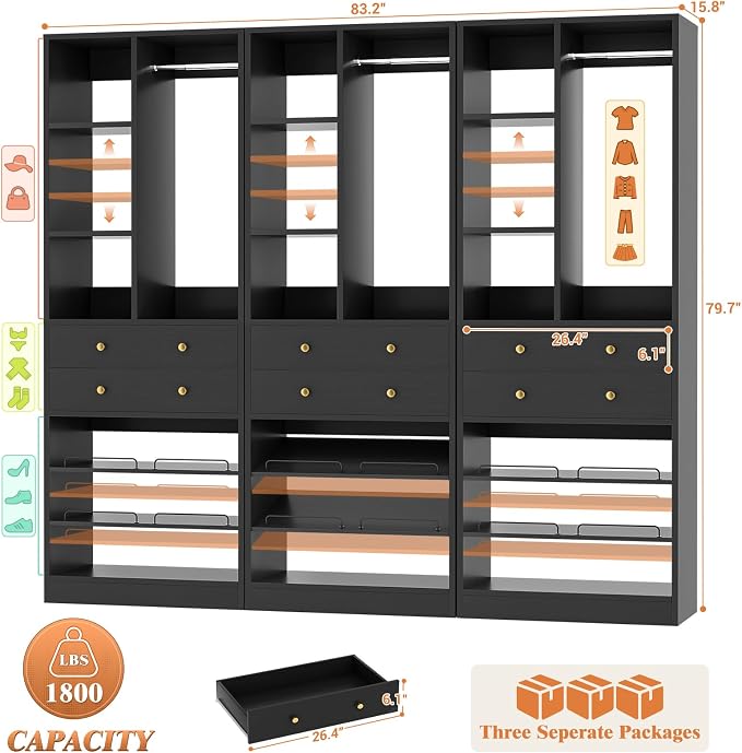 Besiost Closet System, 84"/7 FT Closet Organizer System with 6 Drawers and Shelves, Walk-in Closets Systems, Free Standing Reach in Closet Tower, Load 1800+LBS, Black 3 Pack