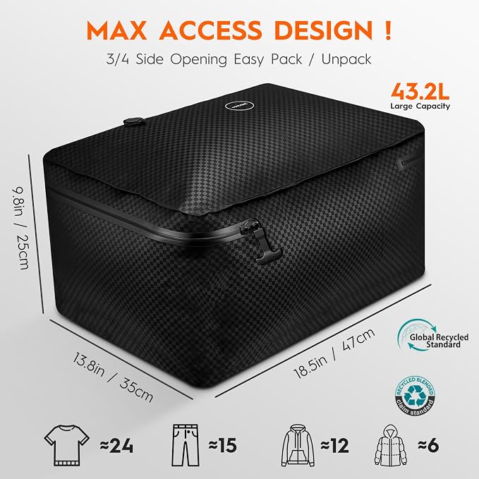 43L Max Capacity Vacuum Bags with Wireless Pump - Space Saver Compression Bags for Travel Luggage, No Checked Baggage, IP68, Reusable, Fits 20/24/28 Inch Suitcases (2PC No Tracker)