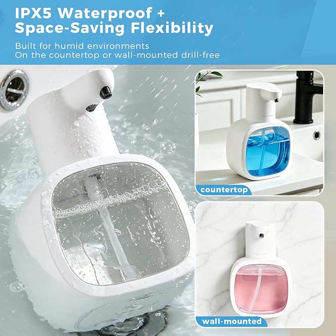 Automatic Liquid Soap Dispenser, 17oz/500ml Touchless Rechargeable with 4-Level Adjustable & IPX5 Waterproof - Level Display for Wall/Tabletop Use in Bathroom, Kitchen, White
