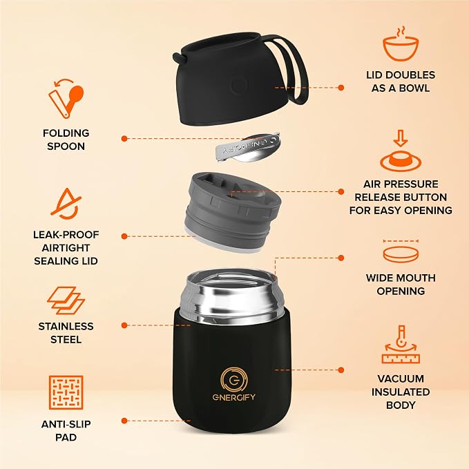 ENERGIFY Vacuum Insulated Food Jar. Large 17oz Bowl incl. Folding Spoon, Cup. Wide Mouth Keep Hot & Cold Drinks Soup Lunch Container for Adults. BPA-Free Stainless Steel, Leak Prooff Black Matte