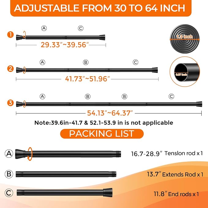 2Pack Tension Curtain Rod for Window 30 to 64 Inch 7/8" Diameter Adjustable Spring Loaded Curtain Rods No Drilling Black Tension Rods for Doorway Closet Door Kitchen Bathroom