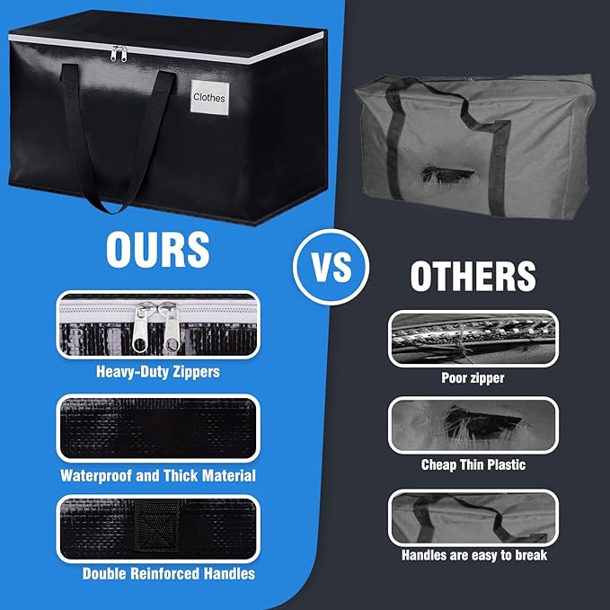 BlissTotes Moving Bags, Heavy Duty Moving Boxes with Zippers Top and Sturdy Handles, Storage Bags for Space Saving and Packing, Collapsible Moving Supplies, Storage Totes (76L, 4-Pack, Black)