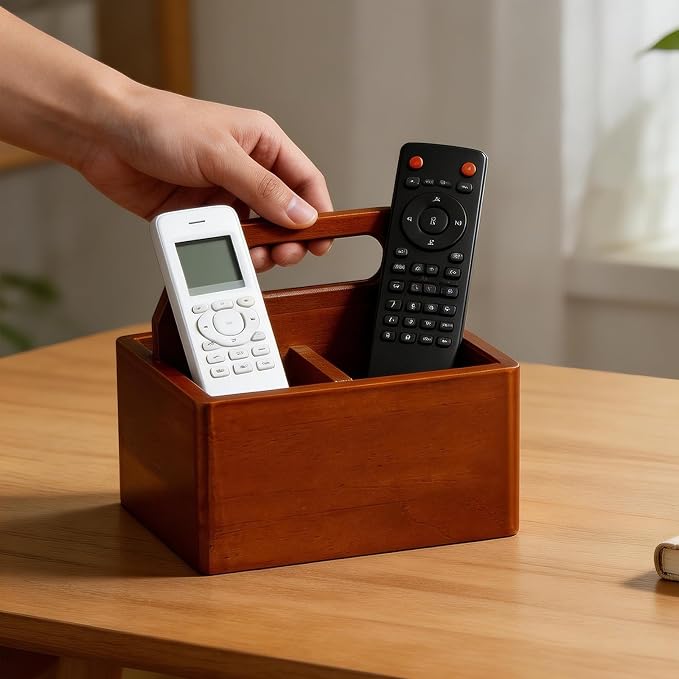 DAWASAPAT Acacia Wood Remote Control Holder with Handle, Desk Organizer with 3 Compartments, Wood TV Stand Decor, Easy Storage TV Remote Holder for Living Room, Bedside Caddy, Office Supplies