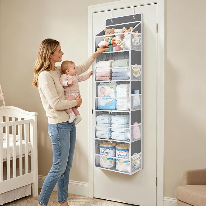 Univivi Over the Door Organizer for Baby Essential, 5-shelf, Light Gray | Fabric Baby Door Organizer, Large Compartments and Mesh Side Pockets, Storage for Baby Nursery, Laundry, Bedroom and Bathroom