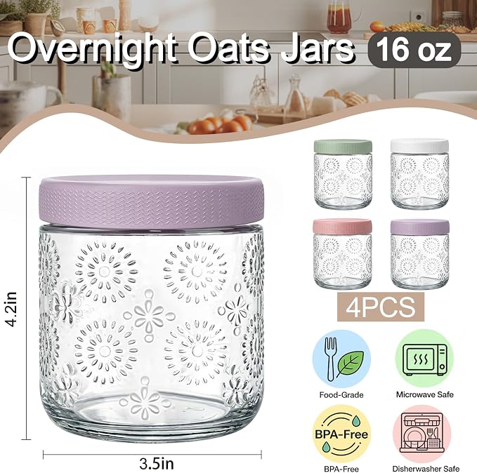 4 pack 16 oz Overnight Oats Containers with Lids, Glass Food Storage Container, Airtight Salad Jars, Mason Jars for Overnight Oats, Yogurt, Oatmeal, Salad, Coffee, Spices
