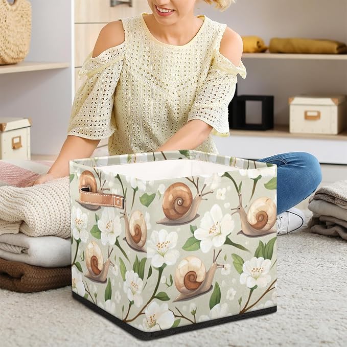 TropicalLife Floral Snail Storage Cube, 13 Inch Fabric Cube Storage Organizer Bin for Shelves Clothes, Decorative Foldable Storage Boxes