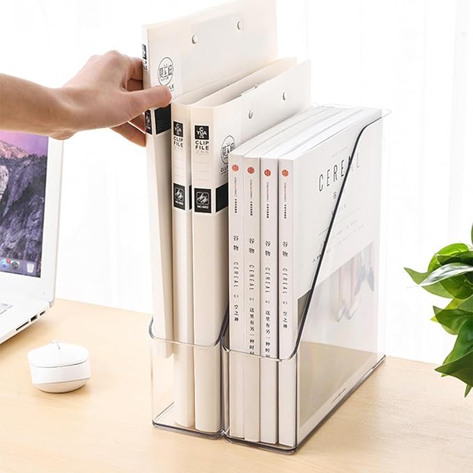 4-Pack Acrylic Vertical Magazine Holder & Book Organizer Clear Desktop File Storage Rack for Office/Home, Includes 3 Silicone Bookmarks (Space-Saving Design)