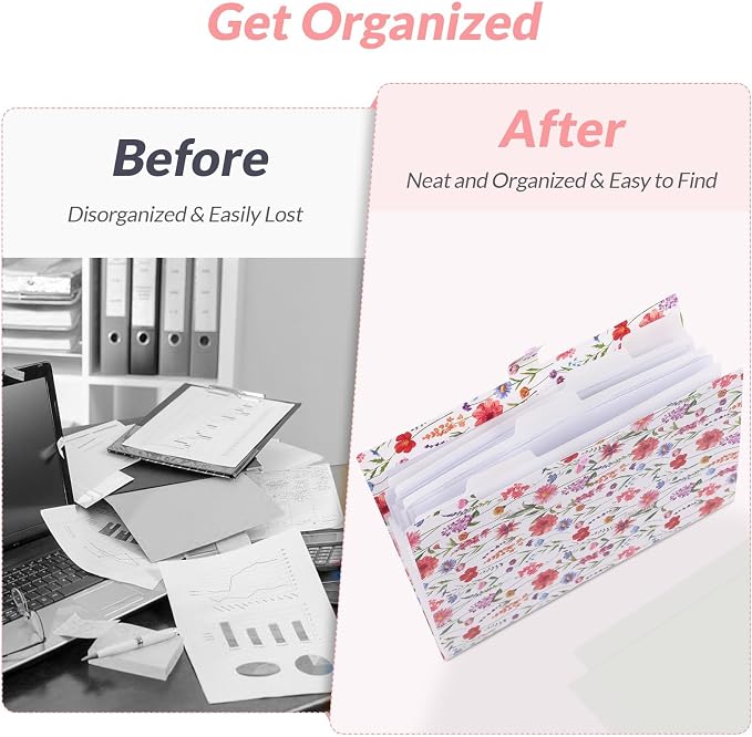 SKYDUE Accordion File Organizer, Floral Expanding File Folders with 5 Pockets, Cute Document Organizer for Paper Bills Receipt Storage, School Office & Hospital Supplies Letter/A4 Size White