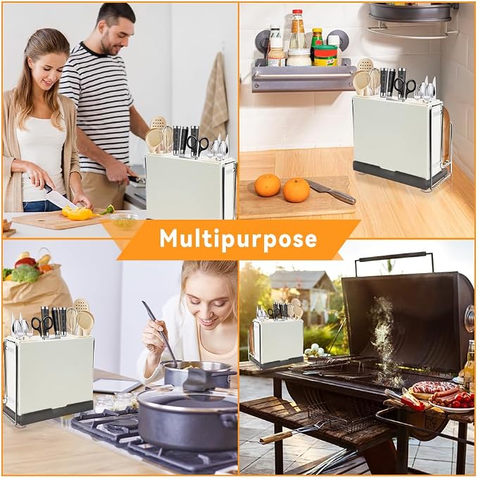 Knife Holder, Knife Block Multifunctional Large Capacity with Cutting Board Organizer, Kitchen Knife Block Utensil Stand Storage for Countertop Kitchen (White)