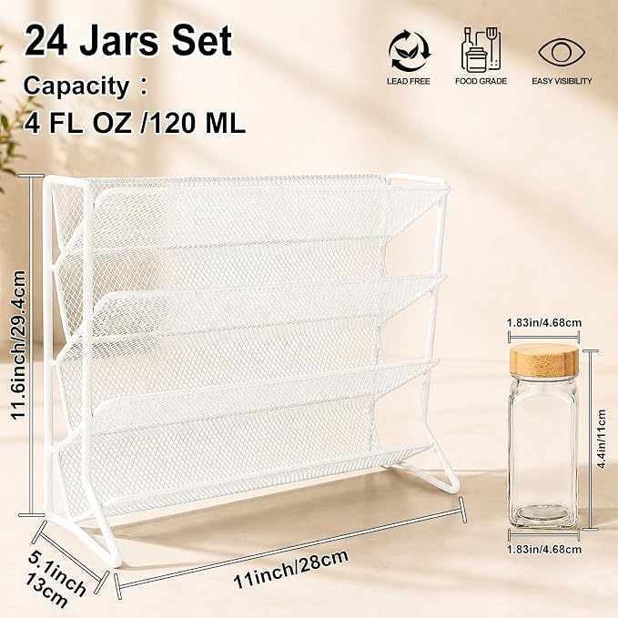 AISIPRIN Spice Rack with Spice Jars 398 Labels,4oz 24 Pcs Spices Jar with Bamboo Airtight Lids,Spices Container Set Seasoning Organizer for Countertop, Cabinet, Kitchen, Pantry, Cupboard