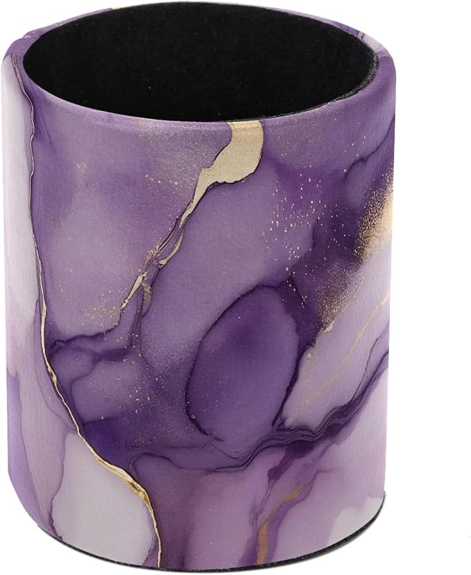 Faux Leather Pen Holder for Desk, Pencil Organizer Purple Marble Pen Cup Desk Decor Makeup Brush Holder Storage for Office Home