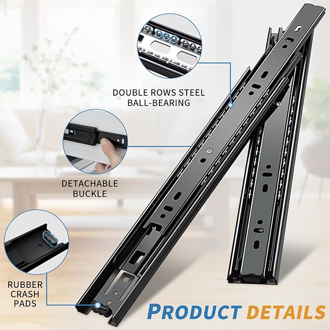 YENUO 10 Pairs 3-Fold Full Extension Drawer Slides Ball Bearing 10–24 Inch | Cabinet Drawer Glides Heavy Duty 100LB Smooth Quiet Rails Easy to Install 10–24 Inch for Kitchen Dresser Furniture Hardware