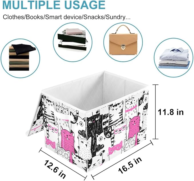 CaTaKu Large Fabric Storage Bins With Lids, Cute Pink Cat Storage Boxes With Handles for Organizing Clothes, Collapsible Storage Cube Bins for Shelve