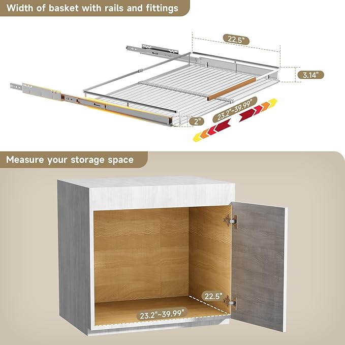 1 Pack Expandable Pull Out Cabinet Organizer，Side Mounting 23.2~39.99"x22.5"Cabinet Pull Out Shelves, Expandable Slide Out Spice Rack for Kitchen Bathroom Office