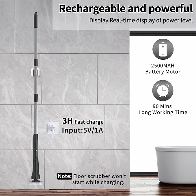 Hillyfe Black Electric Spin Scrubber, Cordless Shower Scrubber with Long Handle, Power Tub & Floor Scrubber, Shower Cleaner Brush for Bathroom, Grout and Tile, 7 Heads, IPX7 Waterproof