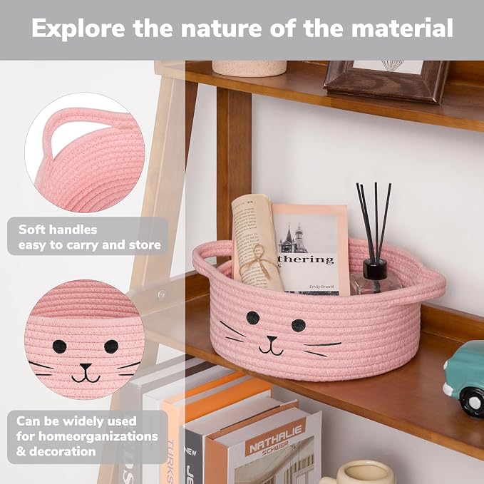 Small Rope Basket, Pink Cute Cat Toy Basket for Living Room, Gift Baskets Empty for Living Room, Decorative woven Baskets for Nursery, Baby Organizing & Towel Storage, 9.8 x 4 inches