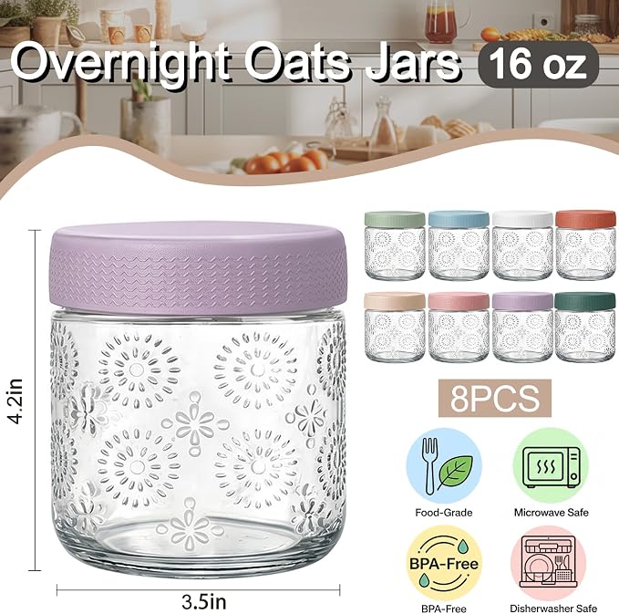 8 pack 16 oz Overnight Oats Containers with Lids, Glass Food Storage Container, Salad Jars, Mason Jars for Overnight Oats, Yogurt, Oatmeal, Salad, Coffee, Spices