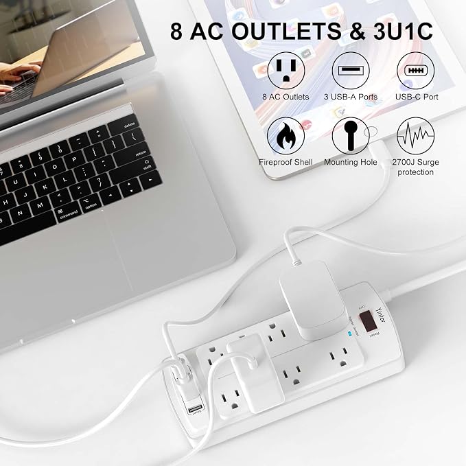 Surge Protector Power Strip, Yintar 10 Feet Flat Plug Extension Cord with 8 AC Outlets and 4 USB Ports, 2700 Joules, ETL Listed, White