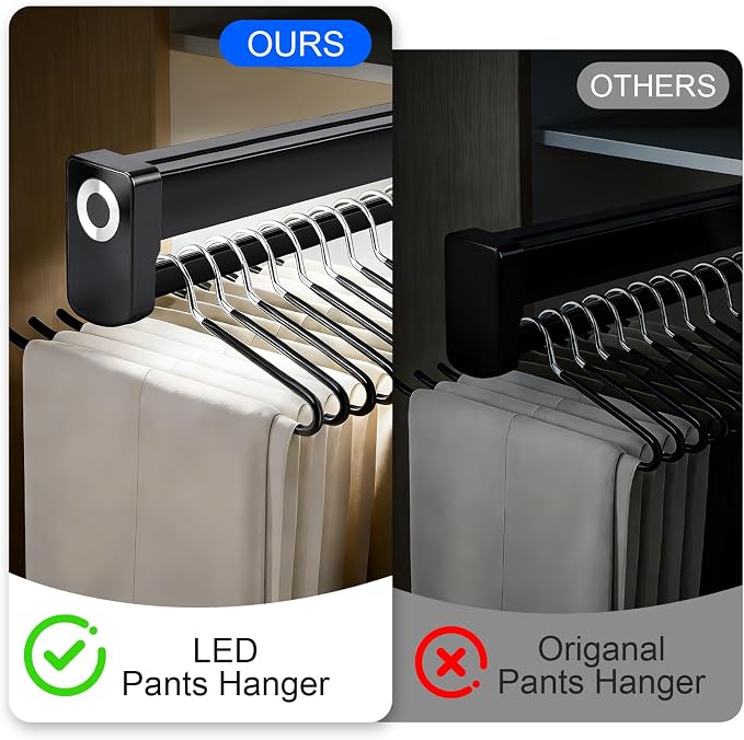 Pull Out Closet Valet Rods with LED Lighting, Slide Out Steel Pants Rack | Adjustable Heavy Duty Trouser Rack, Retractable Pants Hangers Top Mounted with Built-in Lithium Battery (450mm/17.7inch)