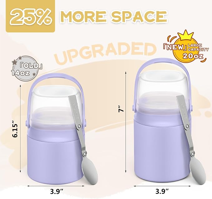 20oz Soup Thermo for Hot Food with a Snack Box Container，Leak Proof Insulated Lunch Container Kids and Adults，Stainless Steel Double Wall Vacuum Wide-mouth Food Jar with Spoon and Handle（Purple）
