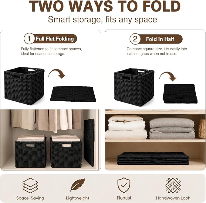 Cotton Rope Cube Storage Basket, 11 Inch Foldable Cubby Organizer Bins with Handles, Handwoven Square Basket for Organizing, Cube Closet Storage Bins for Shelves, Home Decor (Black)