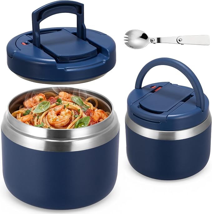 MAXSO 14oz Vacuum Insulated Food Jar with Spoon Buckle Lid, Kids Soup Thermo for Hot Food Wide Mouth Leakproof Stainless Steel Lunch Container - Navy Blue