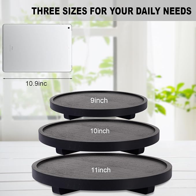 Round Decorative Tray Farmhouse Kitchen Decor Soap Dish, 9" Black | Waterproof, Lightweight, Easy Clean, Wood Riser Pedestal Stand Accessories for Office Desk, Vanity, Counter, Sink