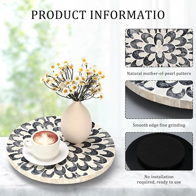 Reallnaive Mother of Pearl Lazy Susan for Table Turntable Organizer Marble Patterned Lazy Susan Wood Spinning Tray Rotating for Kitchen Cabinet Spice Pantry 12 Inch(Round,Floral)